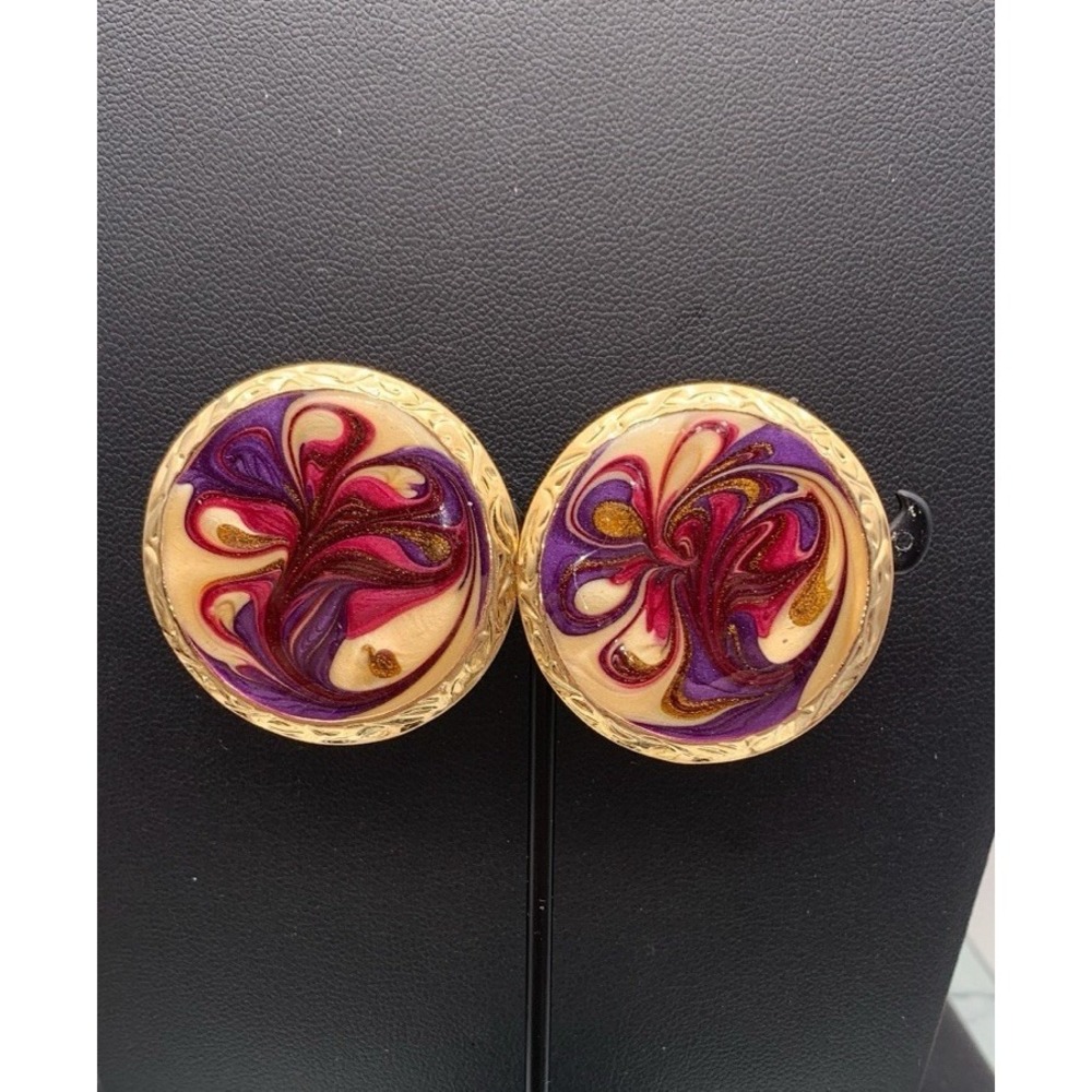 Vintage 80's Gold Tone & Multi Color Enamel Swirl Large But Light‎ Earrings